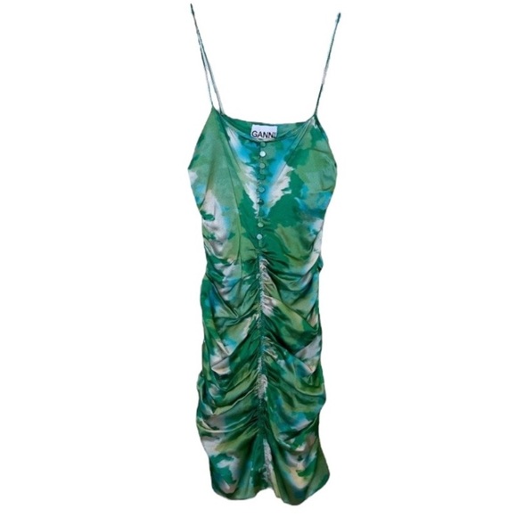 Ganni Silk Blend Green Watercolor Colorful Formal Satin Stretch Mini Dress 34/XS - Picture 2 of 11